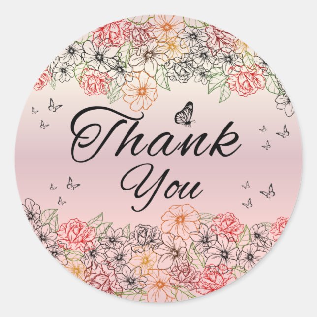 Pegatina Redonda Pink Floral Butterfly Round Thank You Sticker (Anverso)