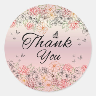 Pegatina Redonda Pink Floral Butterfly Round Thank You Sticker