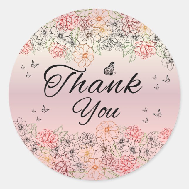 Pegatina Redonda Pink Floral Butterfly Round Thank You Sticker (Anverso)