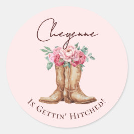 Pegatina Redonda Pink Floral Cowgirl Gettin' Hitched Bachelorette