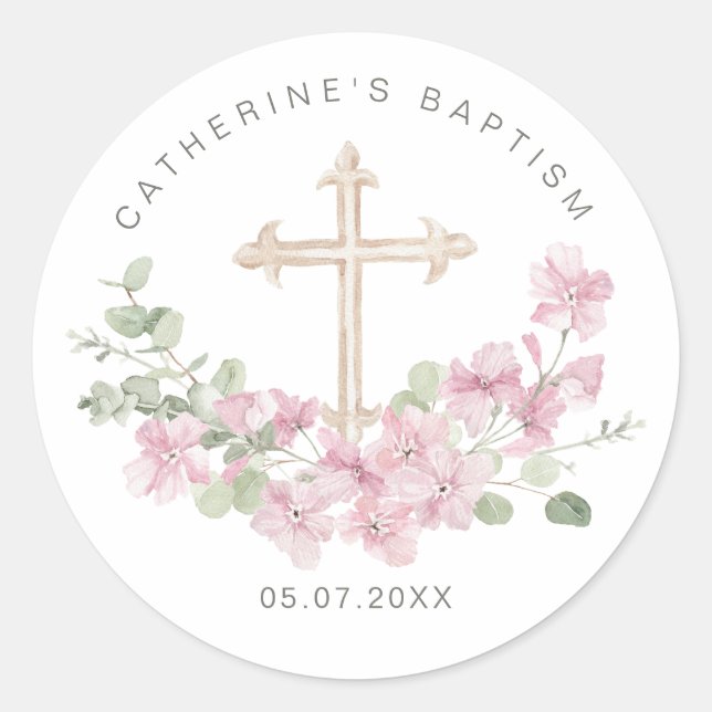 Pegatina Redonda Pink Floral Eucalyptus Cross Baptism (Anverso)