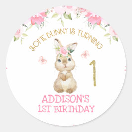 Pegatina Redonda Pink Floral Furry Bunny Gold Primer Cumpleaños