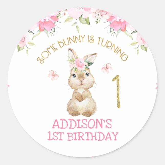 Pegatina Redonda Pink Floral Furry Bunny Gold Primer Cumpleaños (Anverso)