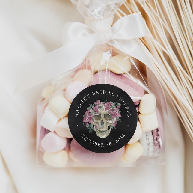 Pegatina Redonda Pink Floral Skull Halloween Bridal Shower Favor (Subido por el creador)