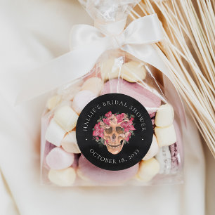 Pegatina Redonda Pink Floral Skull Halloween Bridal Shower Favor
