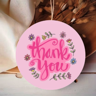 Pegatina Redonda Pink Floral thank you handwritten