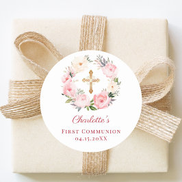 Pegatina Redonda Pink floral wreath First Communion