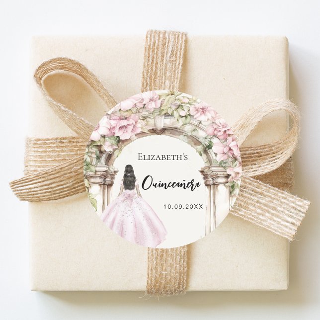 Pegatina Redonda Pink florals garden marble arch dress Quinceanera (Subido por el creador)