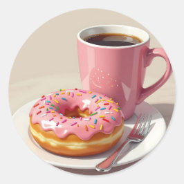 Pegatina Redonda Pink Frosted Donut and Coffee 