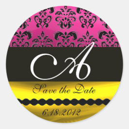 PEGATINA REDONDA PINK FUCHSIA PURPLE GOLD BLACK DAMASK MONOGRAM