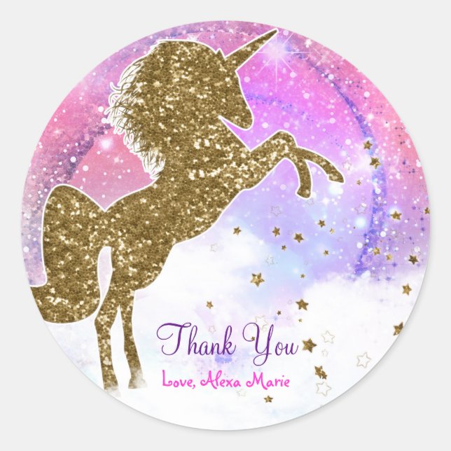 Pegatina Redonda Pink Galaxy Magic Unicorn Sparkle Birday Party (Anverso)