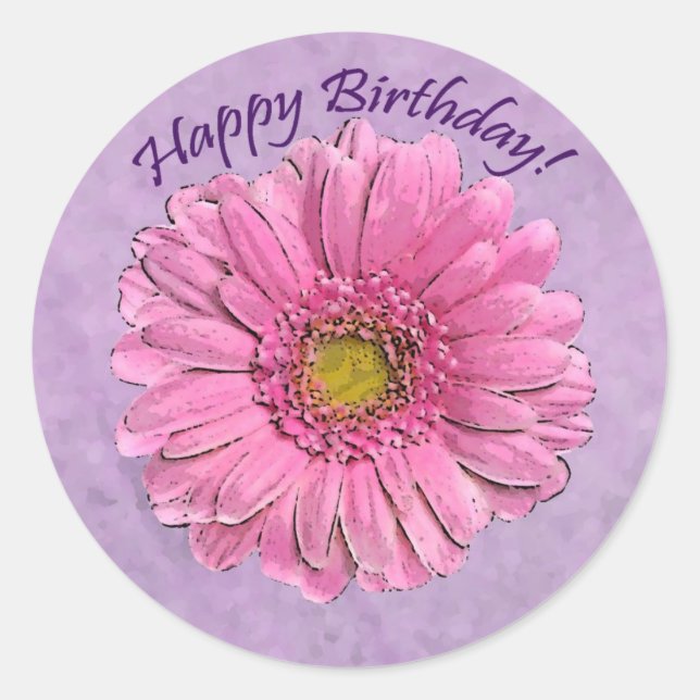 Pegatina Redonda Pink Gerbera Feliz Cumpleaños sticker (Anverso)