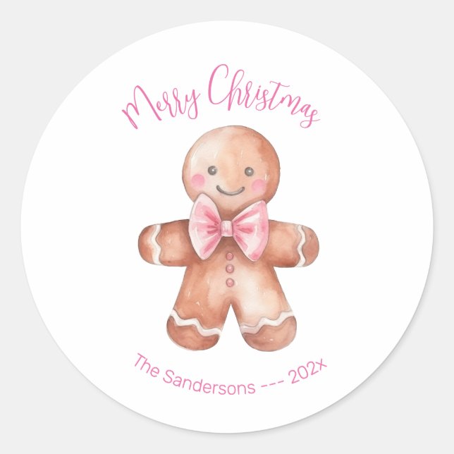 Pegatina Redonda Pink Gingerbread Man Christmas  (Anverso)