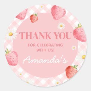 Pegatina Redonda Pink Gingham Berry First Birday Party