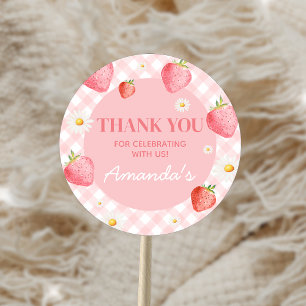 Pegatina Redonda Pink Gingham Berry First Birday Party