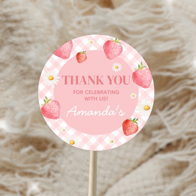 Pegatina Redonda Pink Gingham Berry First Birday Party (Subido por el creador)