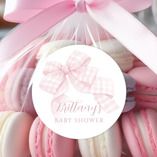 Pegatina Redonda Pink Gingham Bow Baby Shower (Subido por el creador)