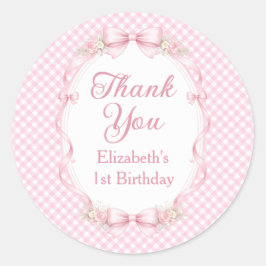 Pegatina Redonda Pink Gingham Bow First Birthday Thank You Sticker