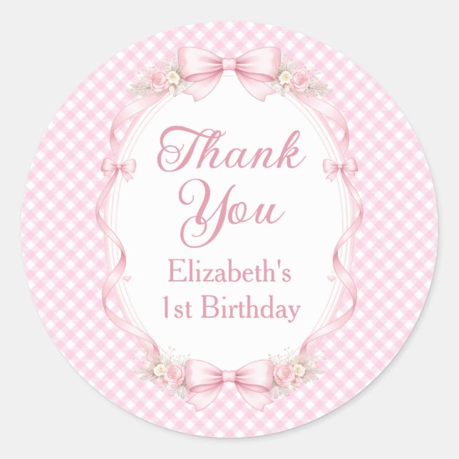 Pegatina Redonda Pink Gingham Bow First Birthday Thank You Sticker (Anverso)