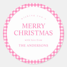 Pegatina Redonda Pink Gingham Christmas