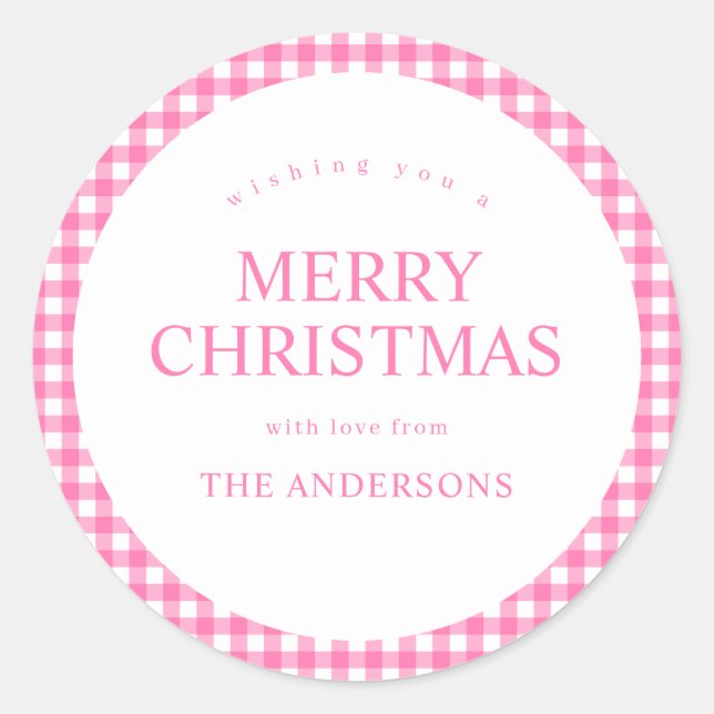Pegatina Redonda Pink Gingham Christmas (Anverso)