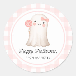 Pegatina Redonda Pink Gingham Feliz Fantasma De Halloween