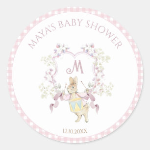 Pegatina Redonda Pink Gingham Peter the Rabbit Monogram Baby Shower