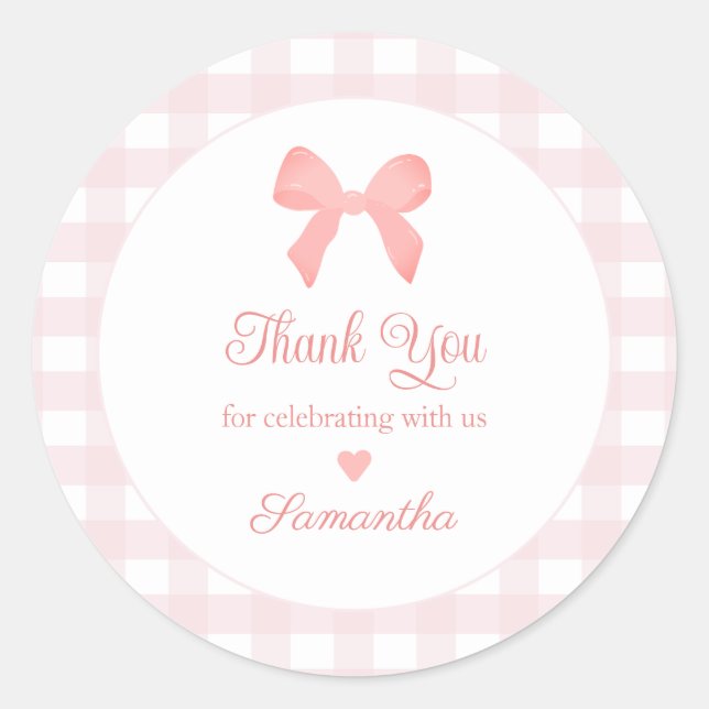 Pegatina Redonda Pink Gingham Pink Bow Birday (Anverso)