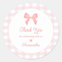 Pegatina Redonda Pink Gingham Pink Bow Birday