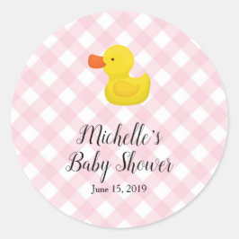 Pegatina Redonda Pink Gingham Rubber Duckie Baby Shower