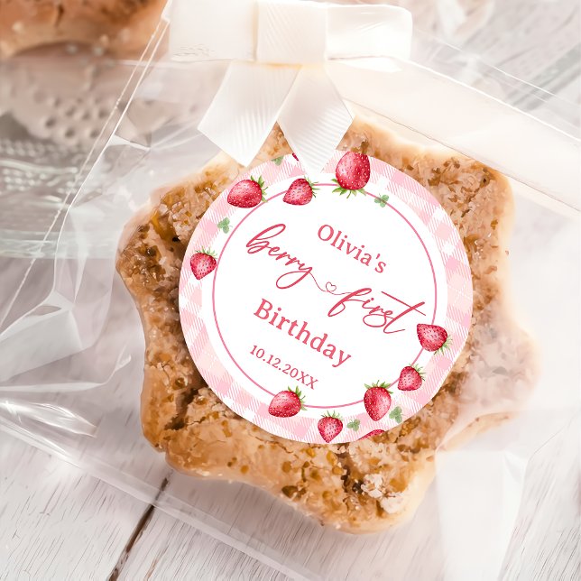 Pegatina Redonda Pink Gingham Strawberry Birthday (Subido por el creador)