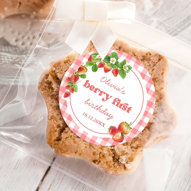 Pegatina Redonda Pink Gingham Strawberry Birthday (Subido por el creador)