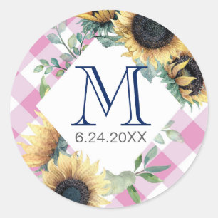 Pegatina Redonda Pink Gingham Sunflower Gracias