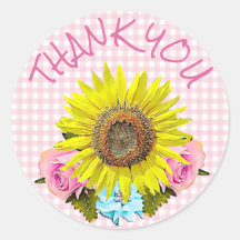 Pink Gingham Sunflower Gracias Pegatinas
