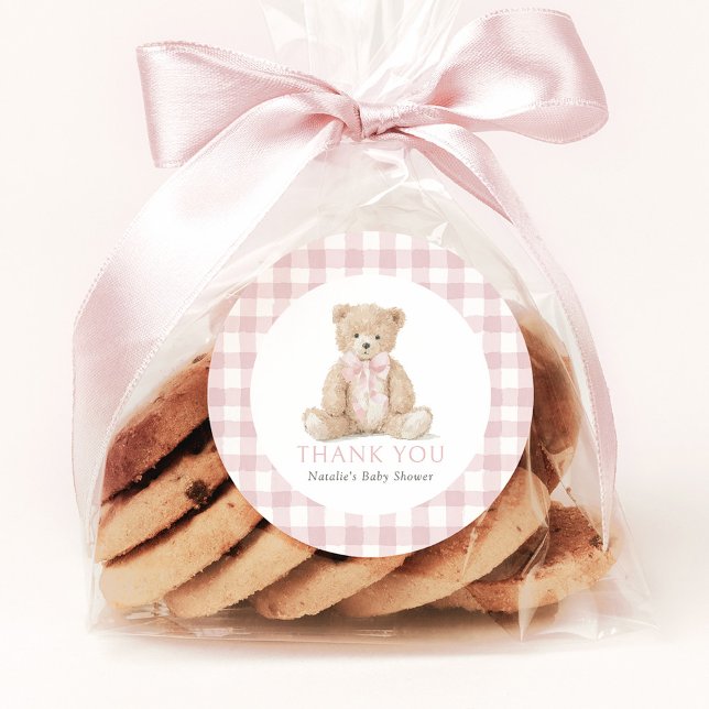 Pegatina Redonda Pink Gingham Teddy Bear Baby Shower (Subido por el creador)