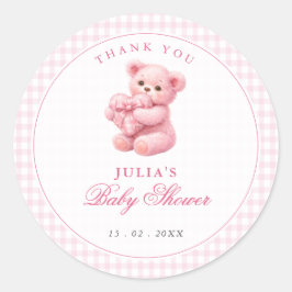 Pegatina Redonda Pink Gingham Teddy Bear Neutral Baby Shower