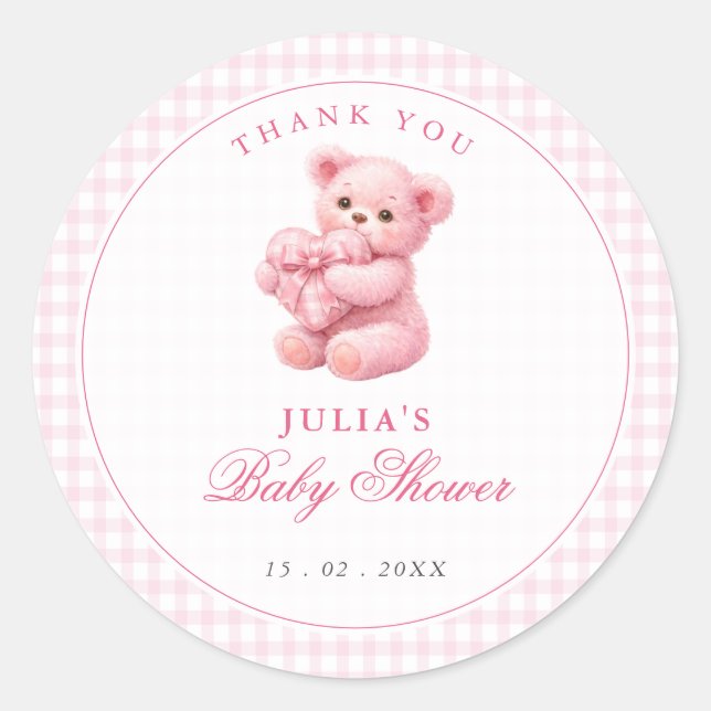 Pegatina Redonda Pink Gingham Teddy Bear Neutral Baby Shower (Anverso)
