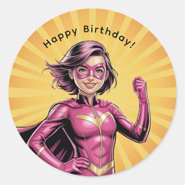 Pegatina Redonda Pink Girl Superhero Birthday Party (Anverso)