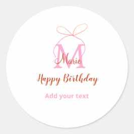 Pegatina Redonda Pink glitter bow add name letter monogram birthday