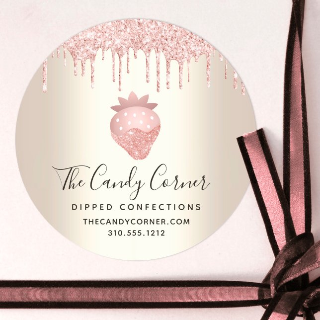 Pegatina Redonda Pink Glitter Drips Strawberry Confection Gold (Subido por el creador)