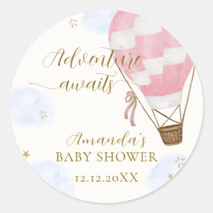 Pegatina Redonda Pink Gold Adventure Hot Air Balloon Baby Shower