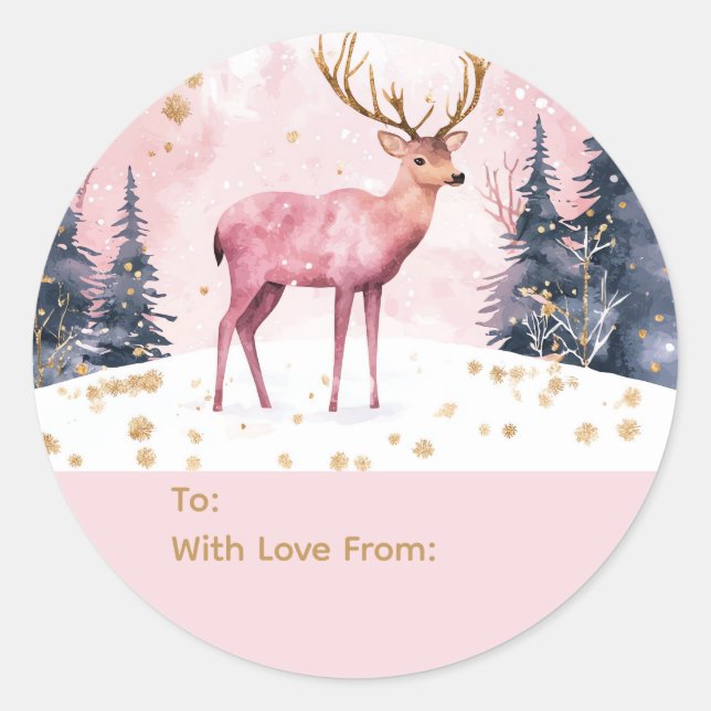 Pegatina Redonda Pink & Gold Deer Personalized To and From Stickers (Anverso)