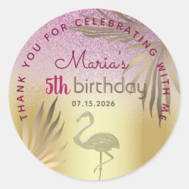 Pegatina Redonda Pink Gold Flamingo 5th Birthday