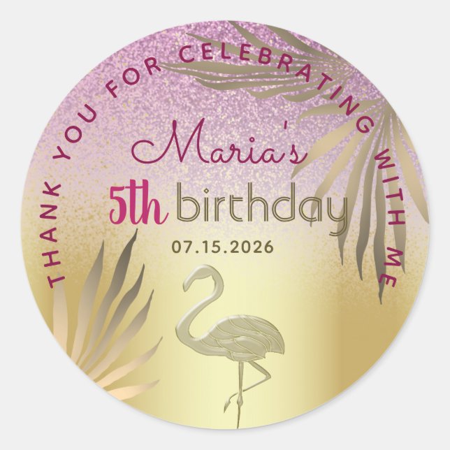 Pegatina Redonda Pink Gold Flamingo 5th Birthday (Anverso)