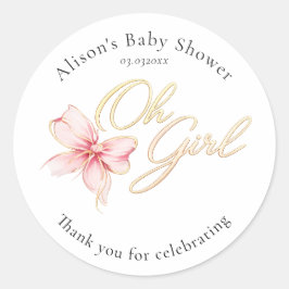 Pegatina Redonda Pink & Gold “Oh Girl” Gold Typography Baby Shower