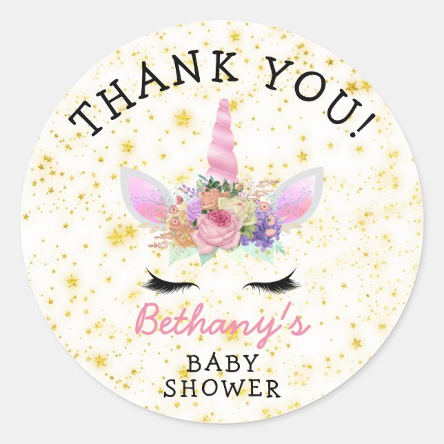 Pegatina Redonda Pink Gold Unicorn Baby Shower (Anverso)
