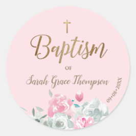 Pegatina Redonda Pink Gold Watercolor floral Baptismo de bebé
