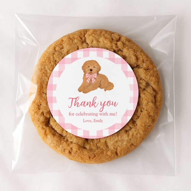 Pegatina Redonda Pink Golden Doodle Birthday Thank You Favor (Subido por el creador)
