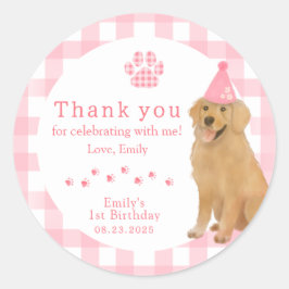 Pegatina Redonda Pink Golden Retriever First Birday Party Favor