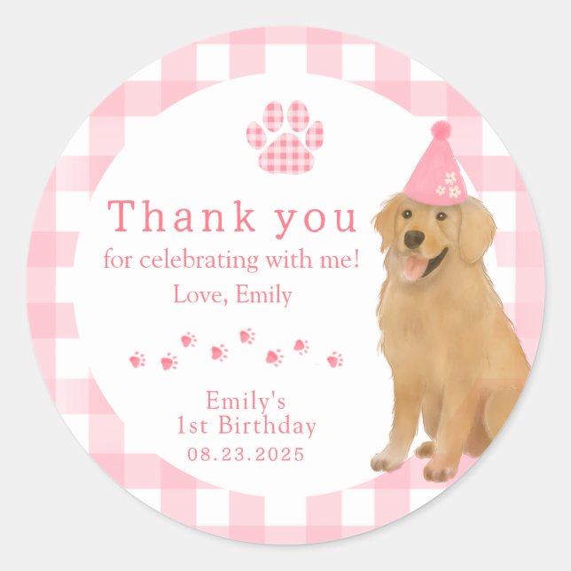 Pegatina Redonda Pink Golden Retriever First Birday Party Favor (Anverso)